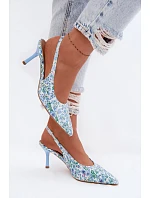 Ozdobené dámské sandály na jehlovém podpatku s květinovým vzorem modré Olivelle