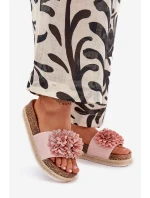 Dámské pantofle na platformě s ozdobnými květinami – růžové