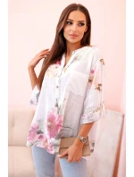 Dámská blůza z bavlny s květinovým vzorem a knoflíky - bílá