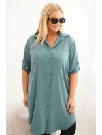 Dámská košilová šaty Plus Size s delším zadním dílem a ohrnovacími rukávy tmavě mátová