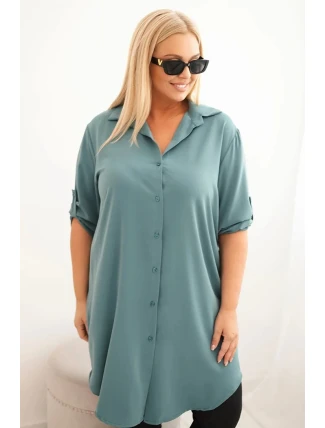 Dámská košilová šaty Plus Size s delším zadním dílem a ohrnovacími rukávy tmavě mátová