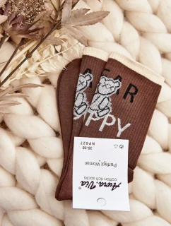 Hnědé dámské bavlněné ponožky s nápisem a medvídkem