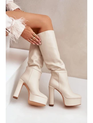 Kozačky na podpatku a platformě z eko kůže světle béžové Felilorn