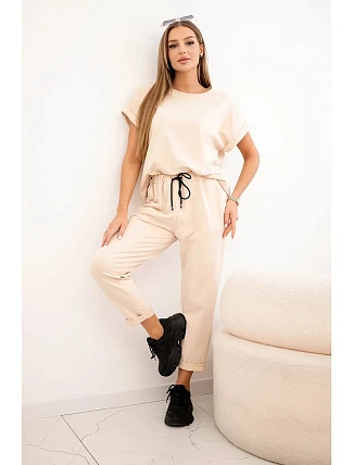 Bavlněný komplet halenka + kalhoty béžový