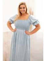 Dámské šaty plus size s krátkým rukávem a řasením z tencelu maxi světle džínová