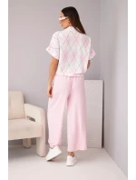 Dámský komplet z viskózy, košile s vázáním a kalhoty s gumou, pudrově růžová