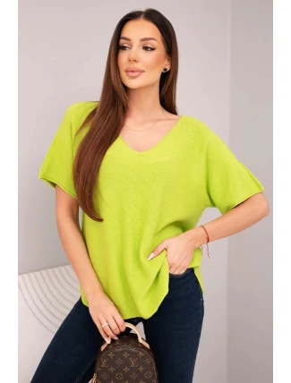 Dámská svetr s krátkým rukávem a výstřihem do V pistáciová