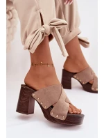 Dámské sandály na podpatku se zlatými přezkami tmavě béžové Nerelle