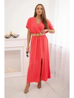 Dlouhé šaty s ozdobným páskem Růžový neon Dlouhé šaty s ozdobným páskem Růžový neon