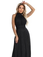 636-3 VERONICA luxusní dlouhé šaty s brokátovým akcentem a elegantním střihem - černé 636-3 VERONICA luxusní dlouhé šaty s brokátovým akcentem a elegantním střihem - černé