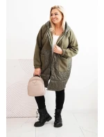 Dámská prošívaná mikina Plus Size s kapucí a velkými kapsami khaki