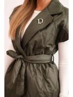 Dámská prošívaná vesta s páskem a širokým límcem khaki