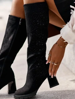 Zdobené Dámské Kozačky Nad Kolena Zateplené Na Sloupku MR880-158 Černé