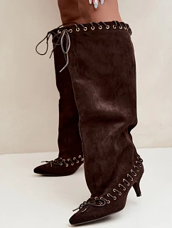 Kozačky Kitten Heel semišové s ozdobným šněrováním čokoládové Juletta