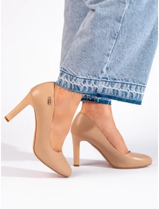 Zajímavé dámské  lodičky hnědé na širokém podpatku