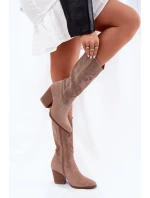 Dámské perforované kozačky ve stylu kovbojek na sloupkovém podpatku S.Barski – béžové, eko kůže