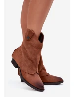 Dámské zateplené kotníkové botky kovbojky na sloupku – camel Sylvette