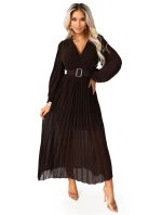 414-11 KLARA plisované elegantní midi šaty s páskem a výstřihem - čokoládové