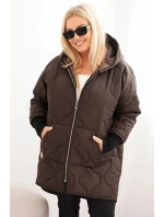 Dámská zimní bunda Plus Size prošívaná s kapucí hnědá