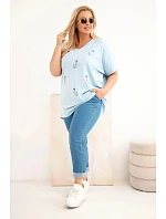 Dámská bavlněná halenka Plus Size s peříčky modrá
