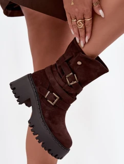 Dámské botky na masivním podpatku s pásky a přezkami Nerelisa – čokoládové