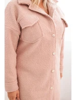 Dámský plášť Plus Size s vlnou na knoflíky s kapsami a límcem pudrově růžový