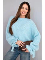 Dámský svetr s přídavkem moheru s hrubým vzorem a ozdobnými rukávy modrý