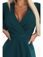 581-8 JENNIFER dlouhé šaty s rozparkem na nohou, rukávy a výstřihem - lahvově zelené