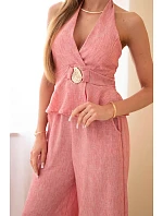Dámský viskózový komplet vázaný top a kalhoty se širokou nohavicí tmavý pudrový růž
