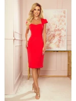 Červené dámské šaty v délce midi s pěkným výstřihem 318-1 Červené dámské šaty v délce midi s pěkným výstřihem 318-1