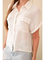 Dámská košile z viskózy s krátkým rukávem a kapsami béžová Dámská košile z viskózy s krátkým rukávem a kapsami béžová