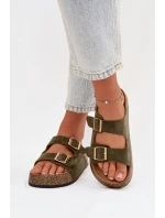 Dámské pantofle na korkové platformě se zlatými sponami Zelená Tovessa