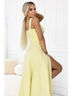 633-3 AURELIA dlouhé svatební šaty s rozparkem a výstřihem typu caro - máslově žluté s třpytkami