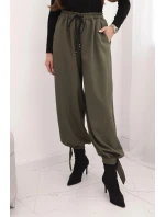 Dámské kalhoty s širokým nohavicí a vázáním dole khaki