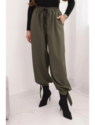 Dámské kalhoty s širokým nohavicí a vázáním dole khaki