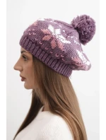 Dámská zimní čepice z vlny s motivem sněhových vloček a bambulí K457 světle fialová