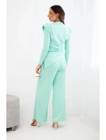 Dámská bavlněná souprava s halenkou a kalhotami s širokými nohavicemi mátová