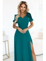 653-1 Elegantní dlouhé šaty s růží, páskem a vysokým rozparkem - lahvově zelené