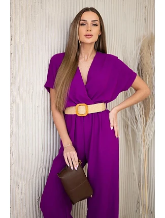 Kombinéza s ozdobným páskem v pase tmavě fialová Kombinéza s ozdobným páskem v pase tmavě fialová