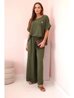Dámský komplet z viskózy s ozdobným květem a širokými kalhotami - khaki