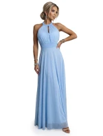 662-1 Elegantní maxi večerní šaty na ramínka s tylem a zavazováním v pase - modré