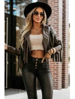 624-4 Krátká bunda s třásněmi z měkké ekokůže - čokoládová