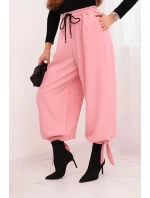 Dámské kalhoty s širokým nohavicí a vázáním dole světle růžové