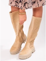 Módní dámské hnědé kozačky na plochém podpatku Módní dámské hnědé kozačky na plochém podpatku