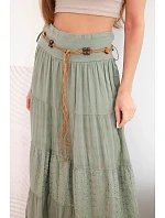 Dámská maxi bavlněná sukně s krajkovou výšivkou a elastickým pasem khaki