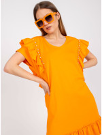 Oranžové šaty s volánem a aplikacemi na rukávech