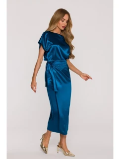 M887 Saténové šaty v zavinovacím stylu - oceánsky modré