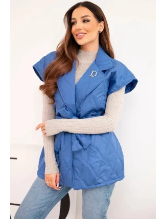 Dámská prošívaná vesta s páskem a širokým límcem chabrová