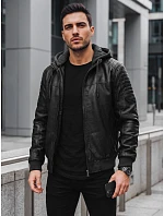 Pánská kožená zateplená bunda s kapucí, černá, FashionStreet TX5141 Pánská kožená zateplená bunda s kapucí, černá, FashionStreet TX5141