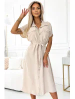 550-1 Midi košilka se zlatými knoflíky, vázáním a krátkými rukávy - béžová 550-1 Midi košilka se zlatými knoflíky, vázáním a krátkými rukávy - béžová